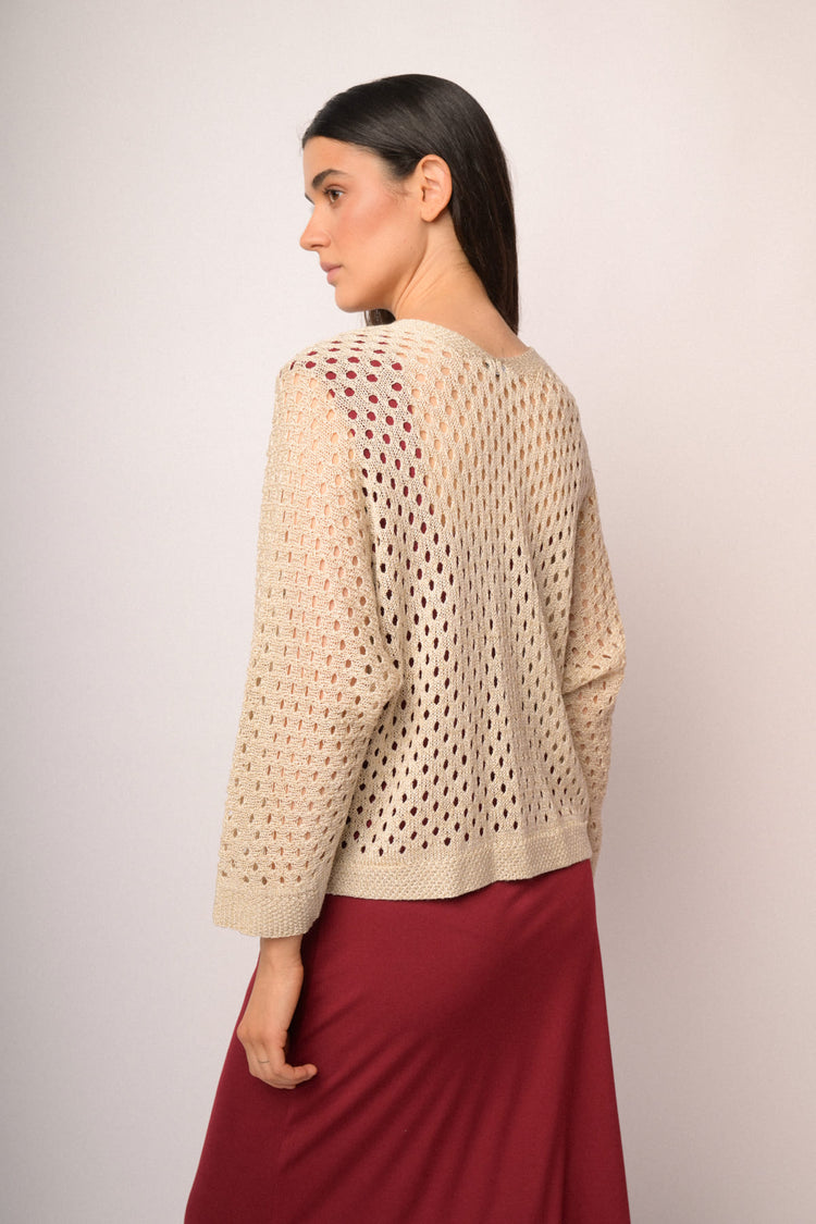 Cardigan traforato beige con lurex