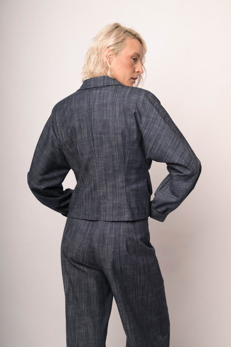 Blazer effetto denim blu con maniche a palloncino