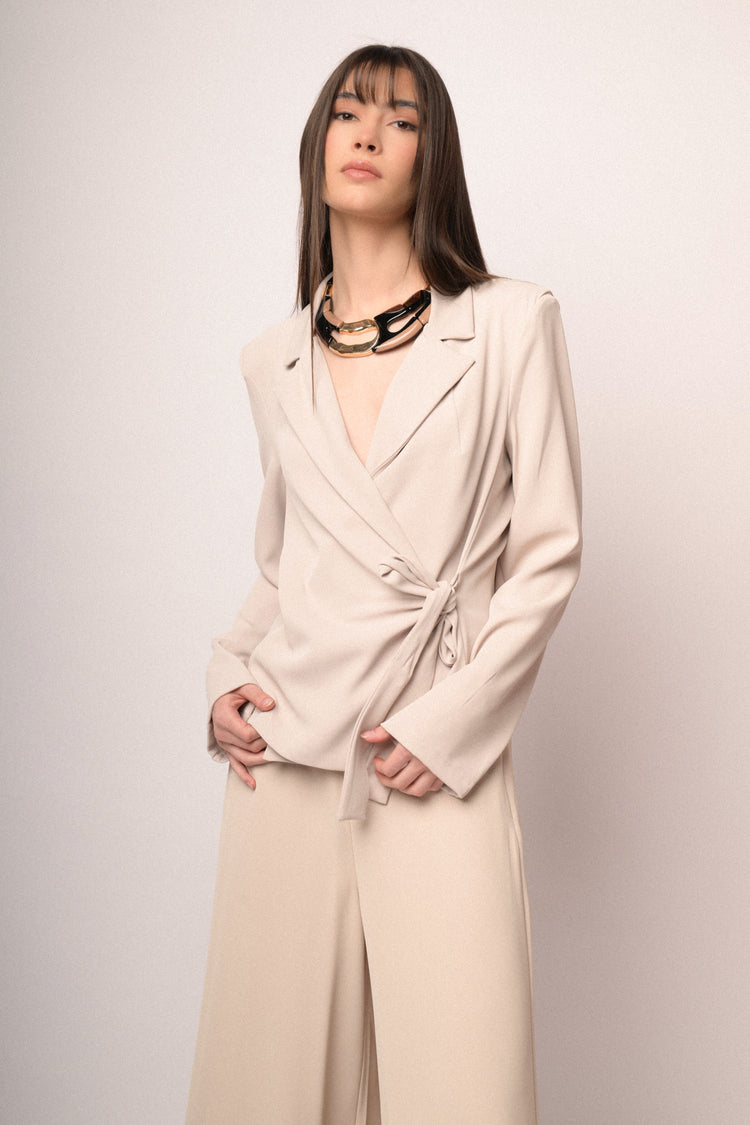 Blazer a portafoglio con cintura laterale beige
