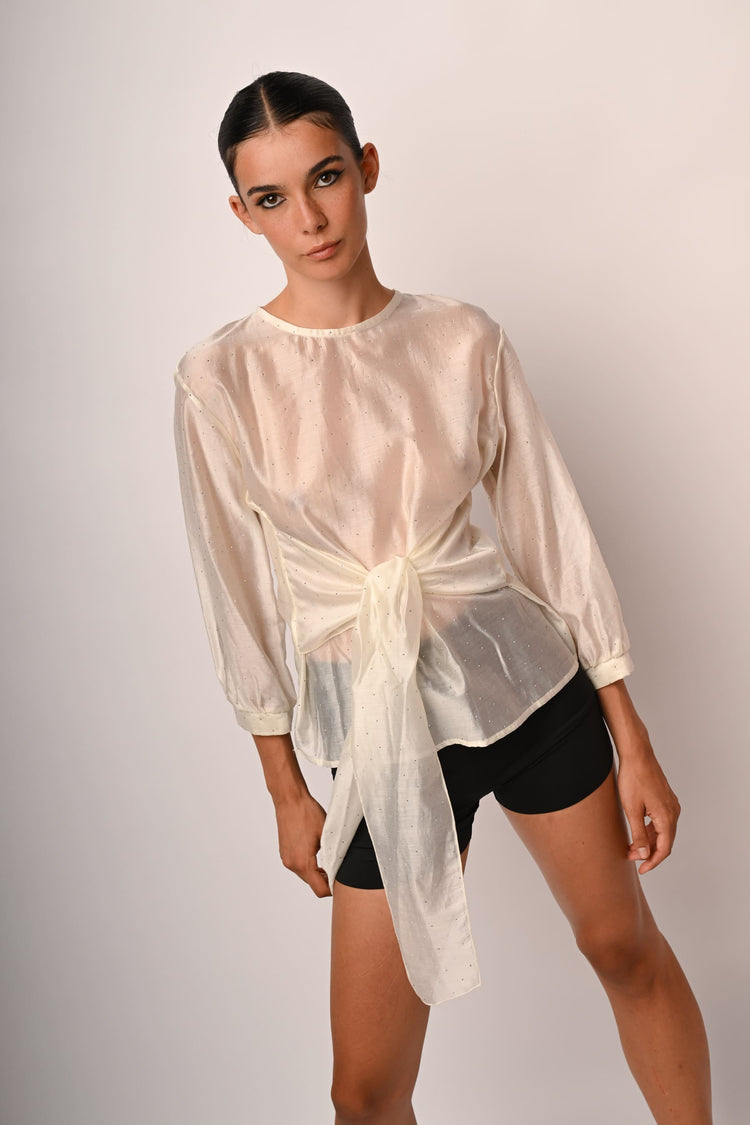 Blusa in mussola con fiocco e strass