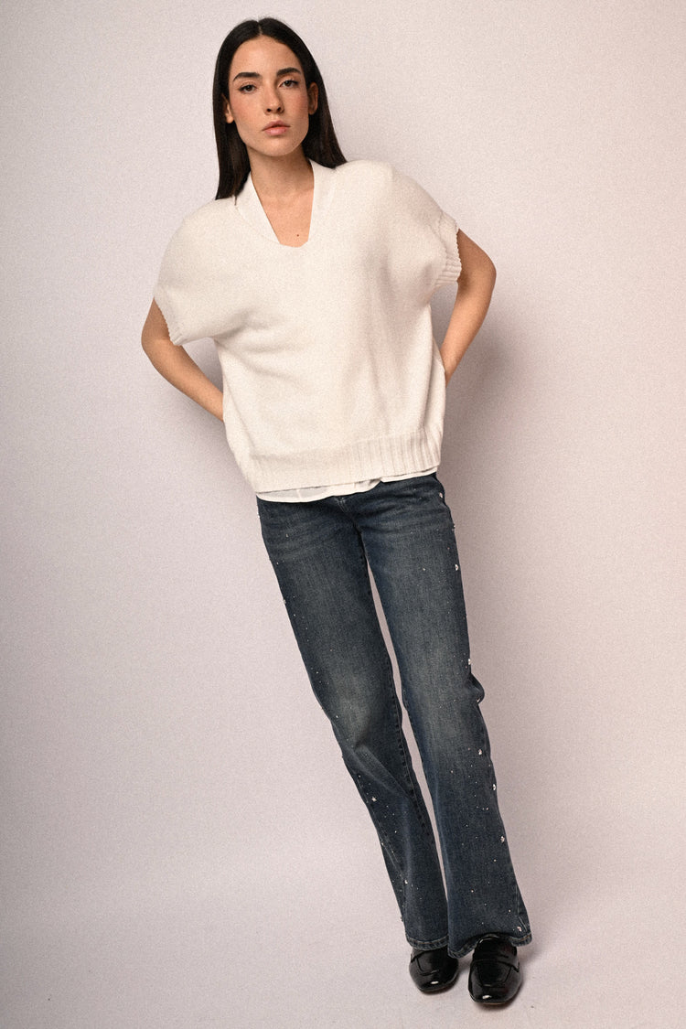 Pull con scollo a V e mezze maniche