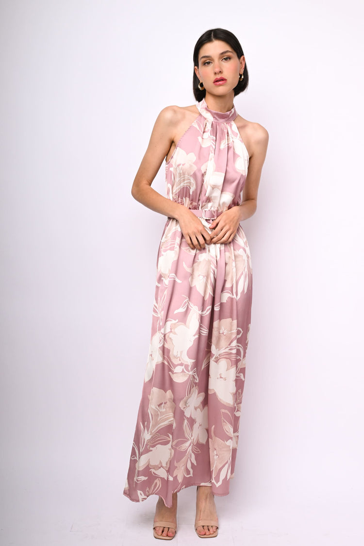 Abito lungo in raso a stampa floreale