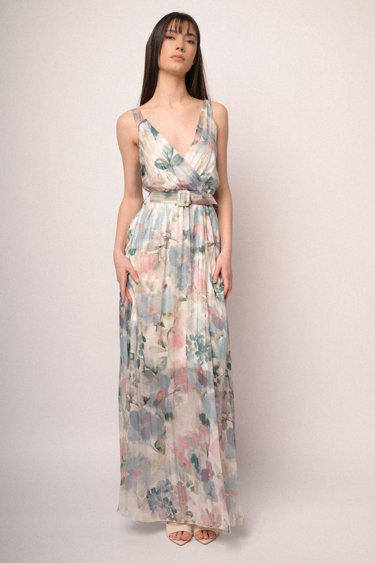 Abito lungo in georgette a stampa floreale effetto acquerello multicolor
