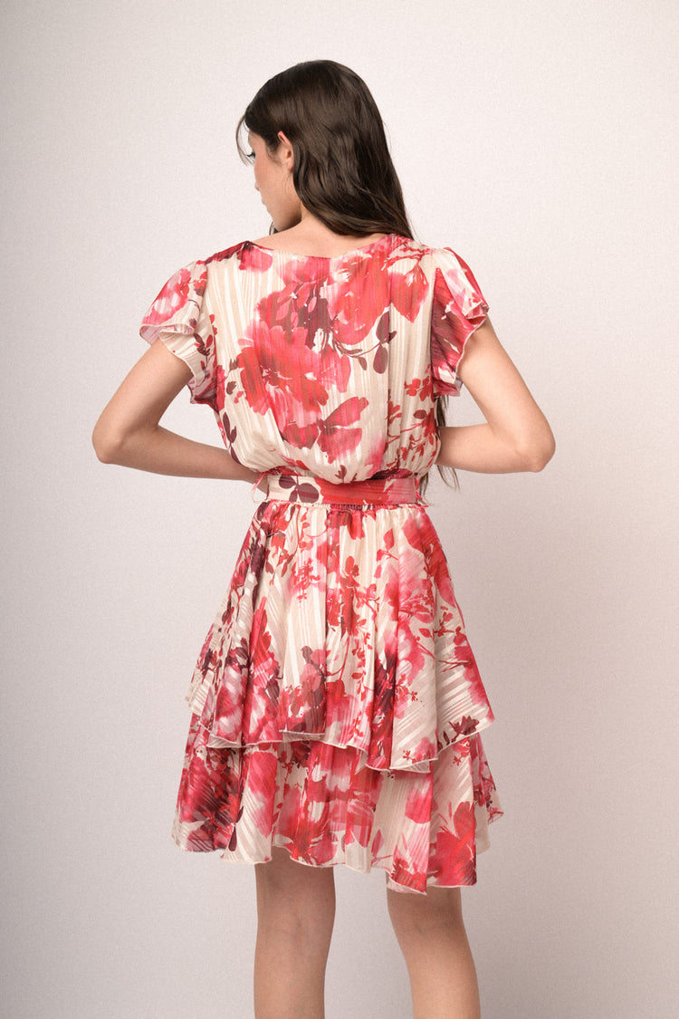 Mini abito in georgette lurex a stampa floreale multicolor