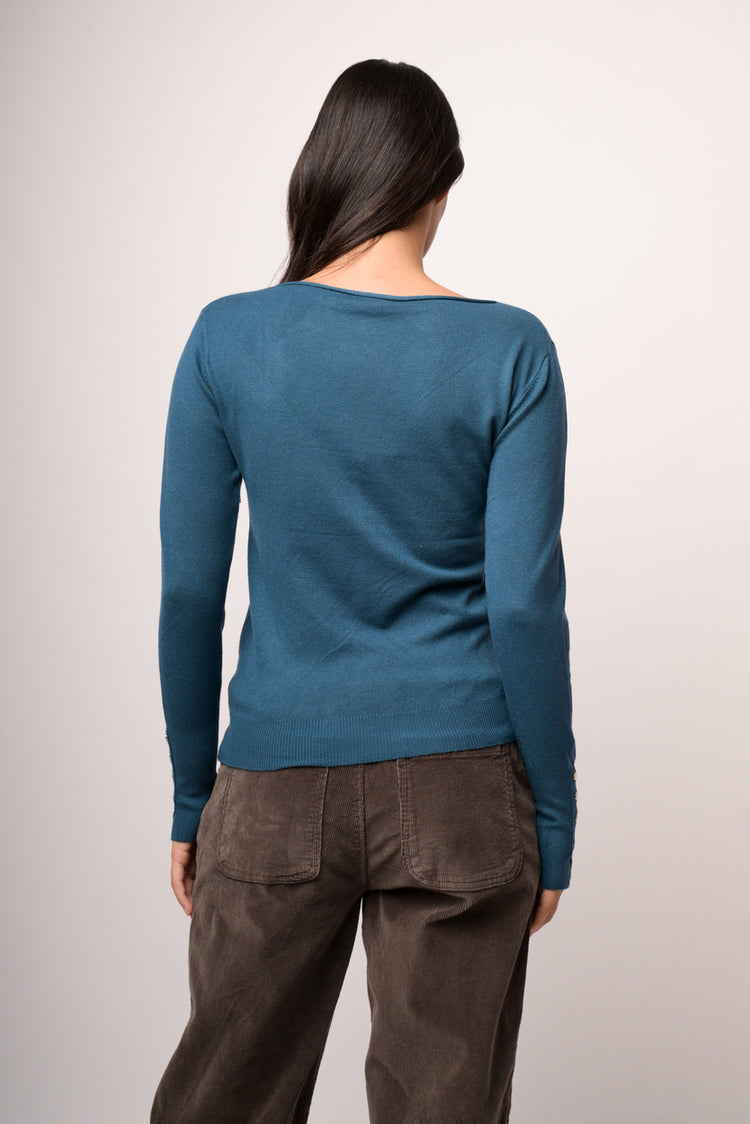 Pull basic girocollo blu petrolio con bottoni dorati