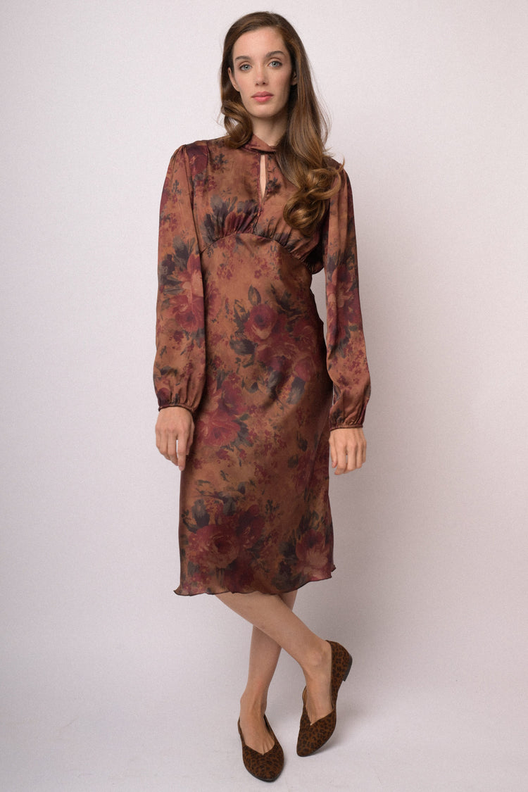 Abito midi floreale marrone e bordeaux