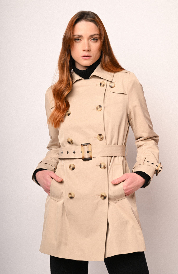 Trench doppiopetto beige con cintura