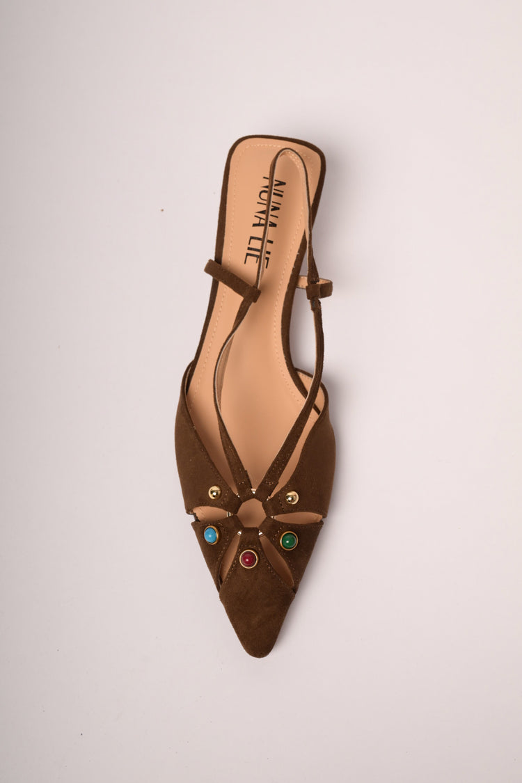 Slingback in faux suede ebano con pietre multicolor