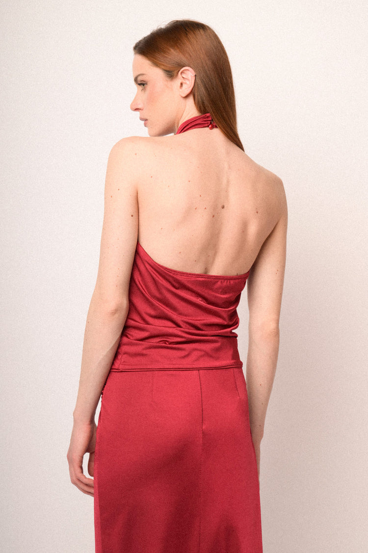 Top halter con scollo drappeggiato rosso