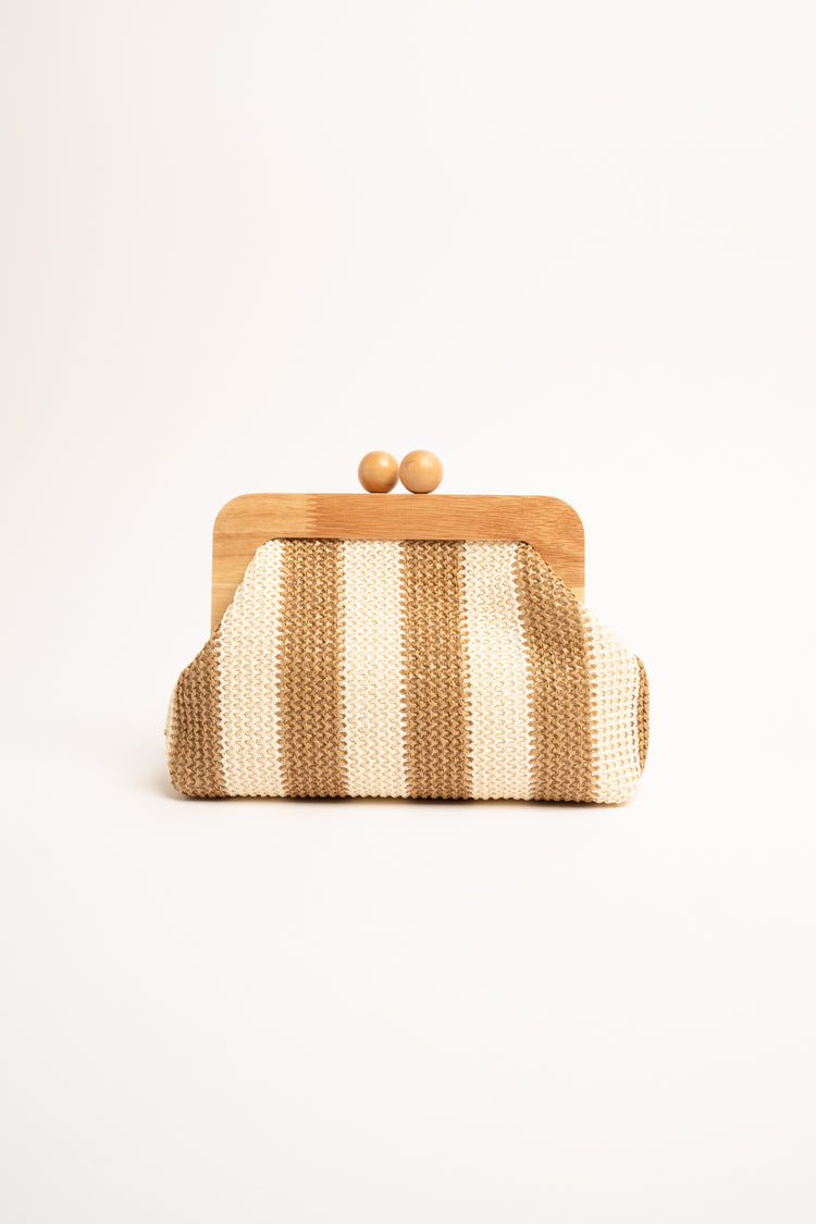 Pochette in legno e rafia a righe beige