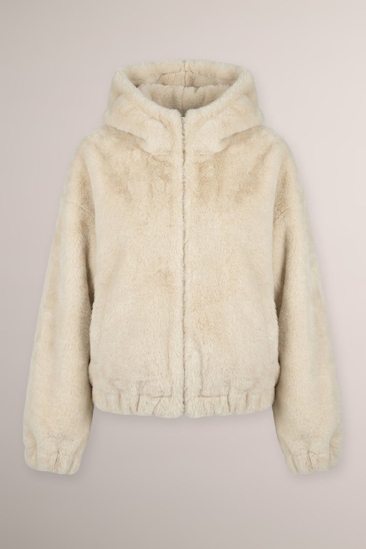 Giacca in faux fur beige con cappuccio