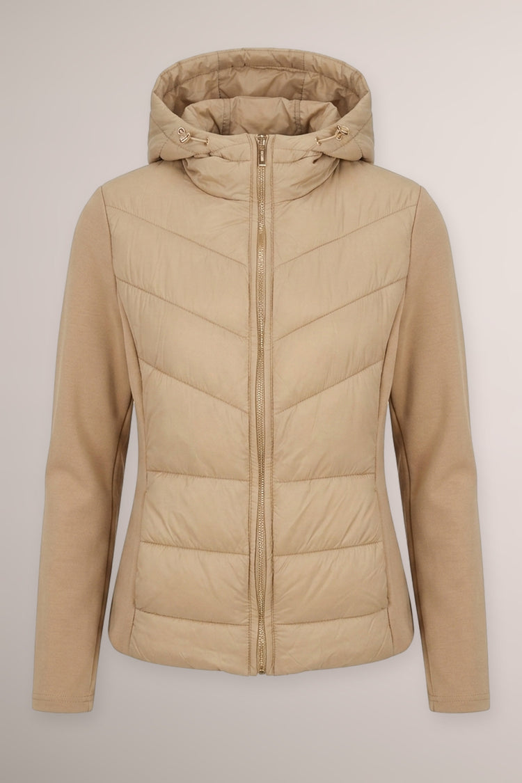 Piumino bi-materiale in nylon e tessuto felpato color cammello