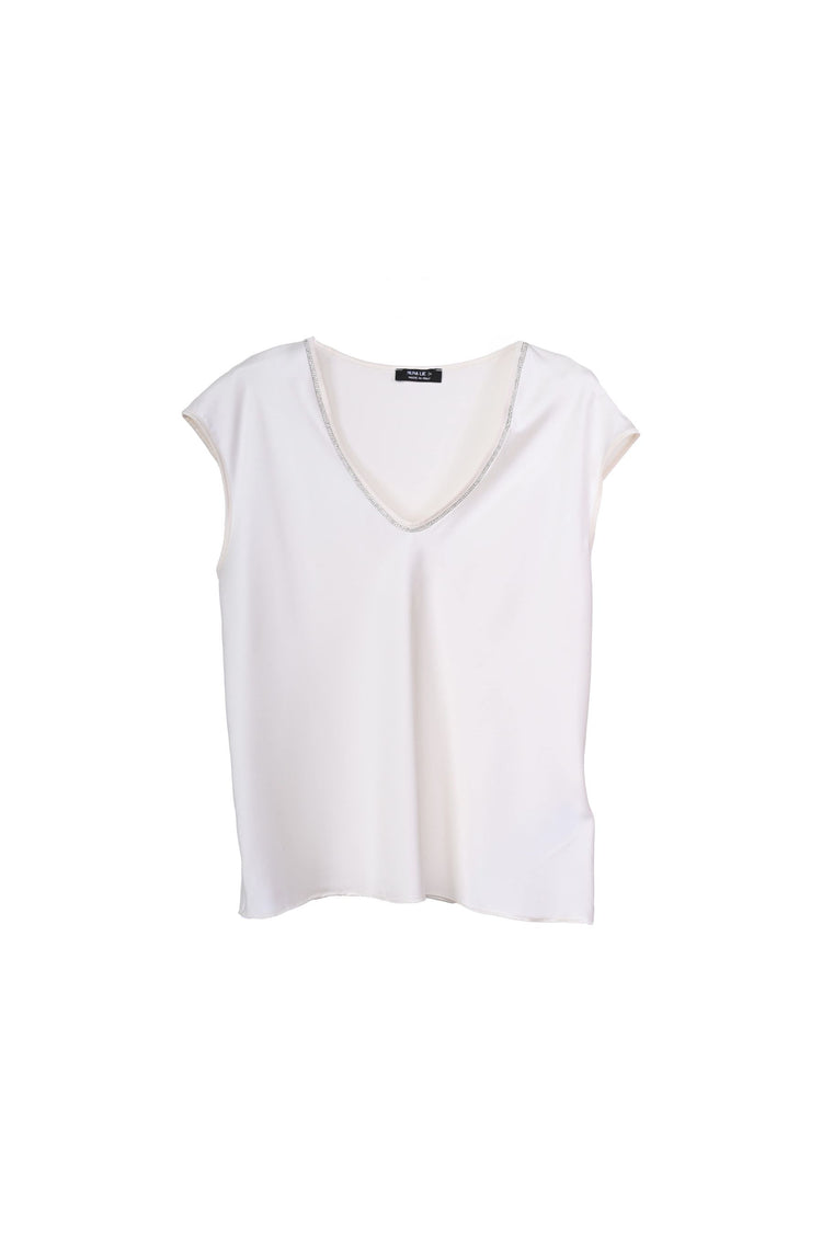 T-shirt con scollo a V profilato in strass
