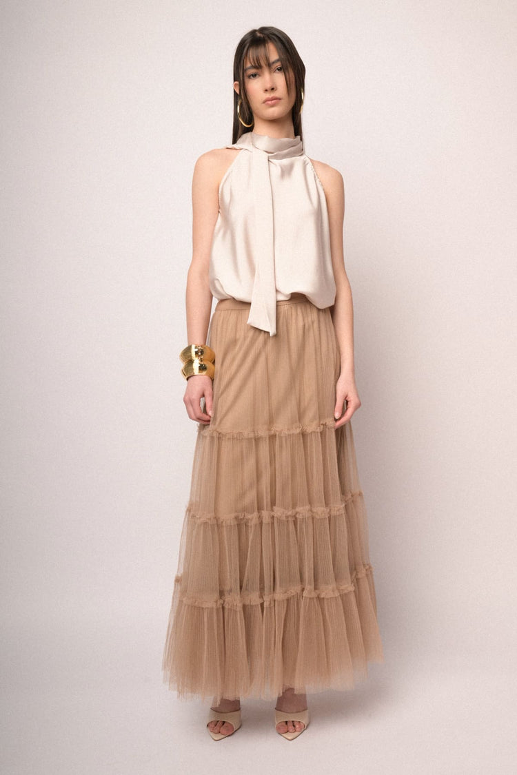 Gonna lunga in tulle a balze rosa cipria