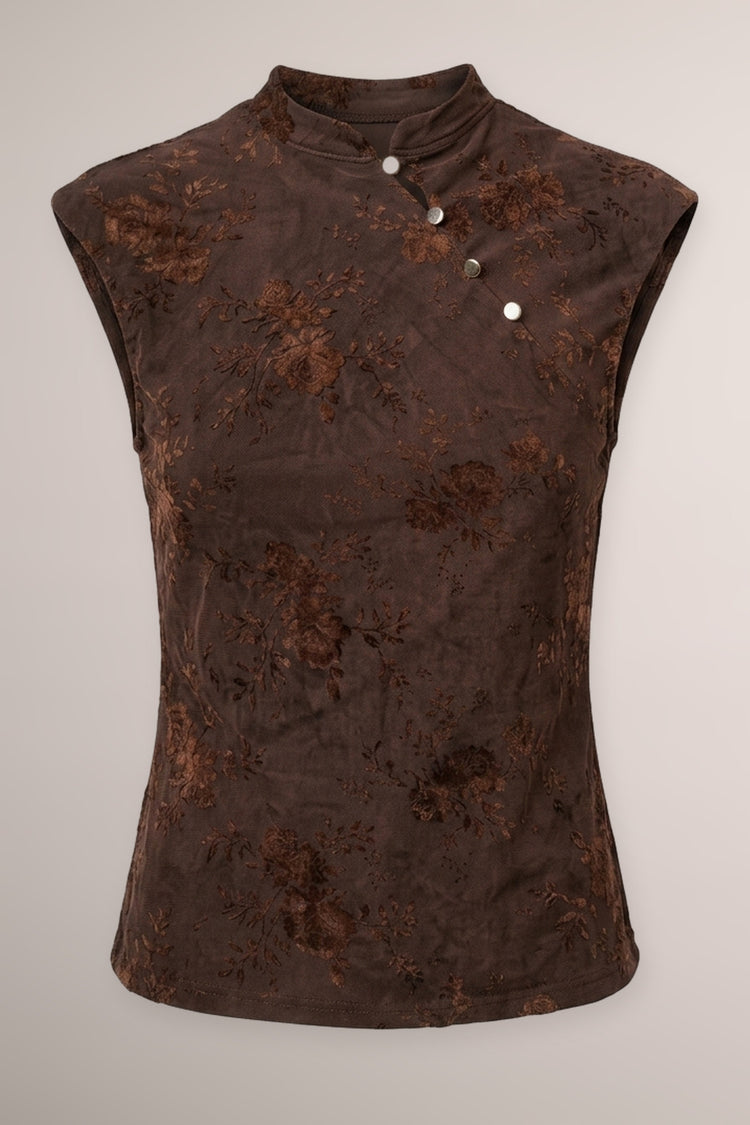 Top con colletto alla coreana in tulle dévoré floreale cioccolato
