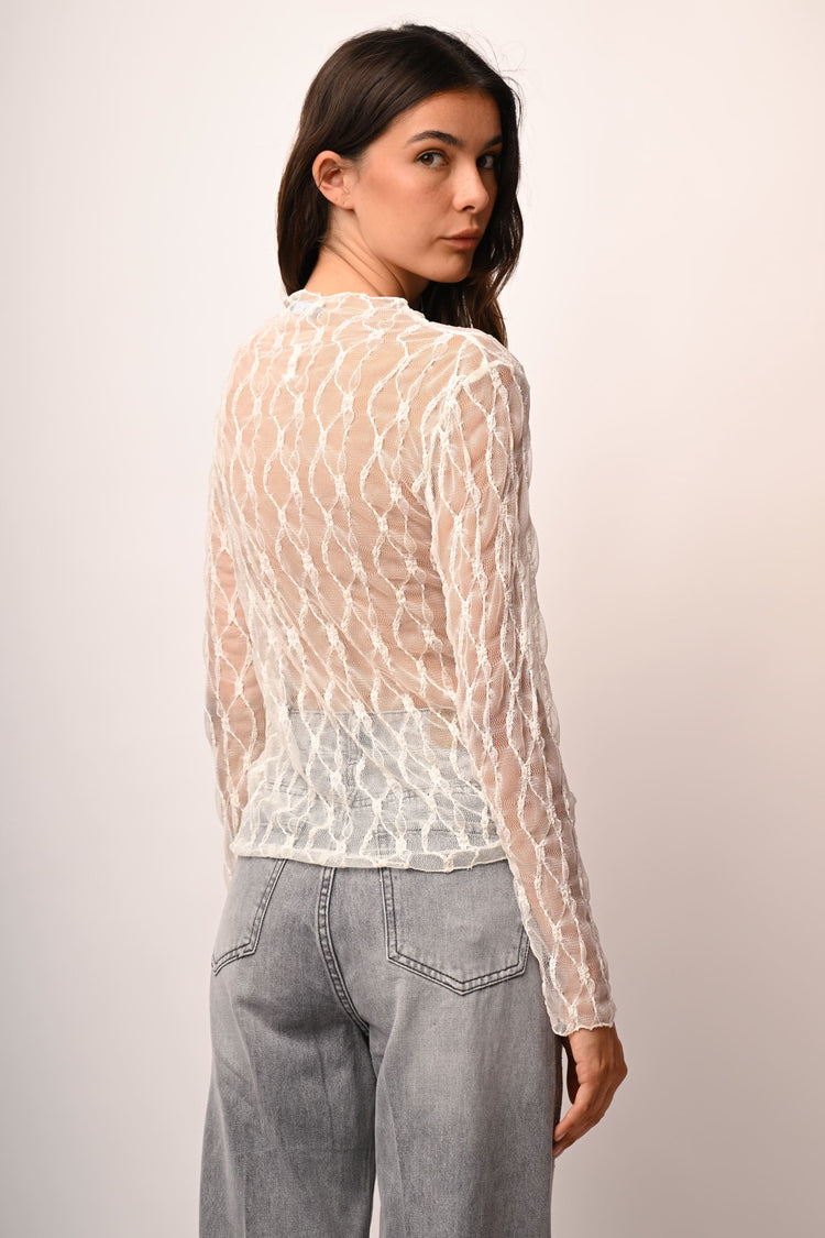 Top in tulle dévoré con collo a cratere