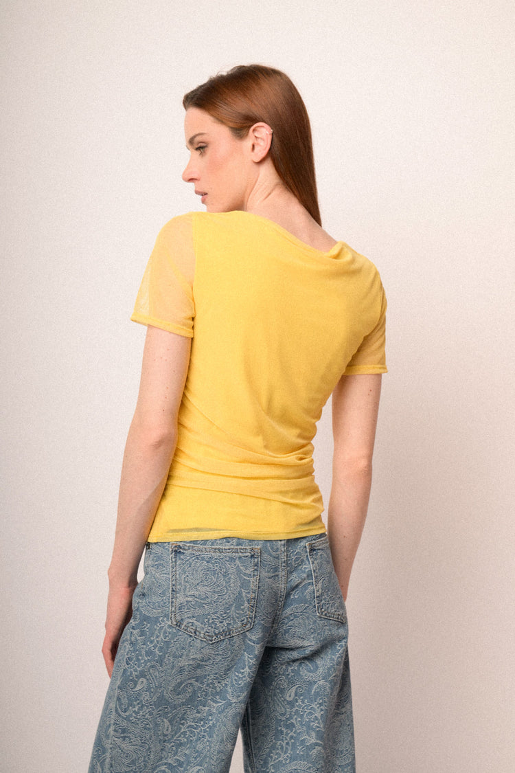 T-shirt a doppio strato in tulle giallo
