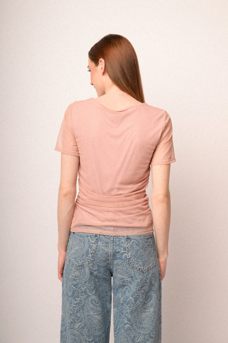 T-shirt in tulle drappeggiato rosa