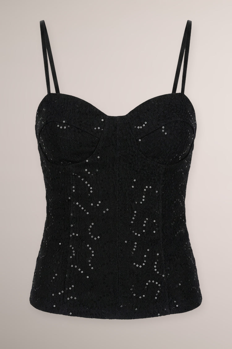 Top bustier in jacquard nero con paillettes
