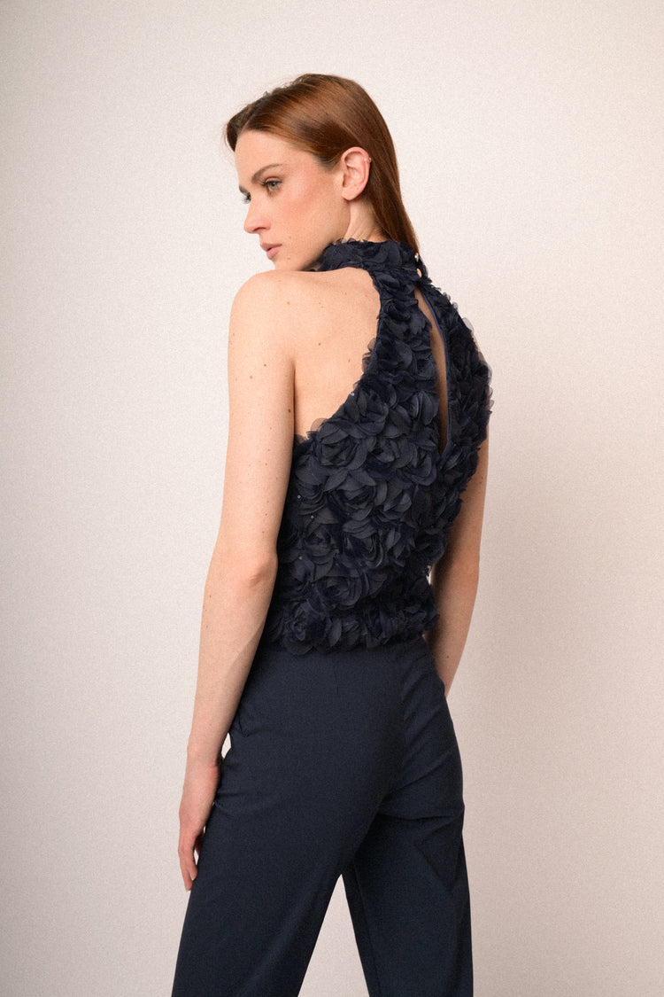 Top halter con rose 3D blu