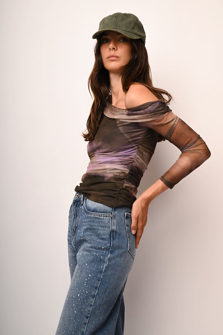 Top in tulle asimmetrico a stampa