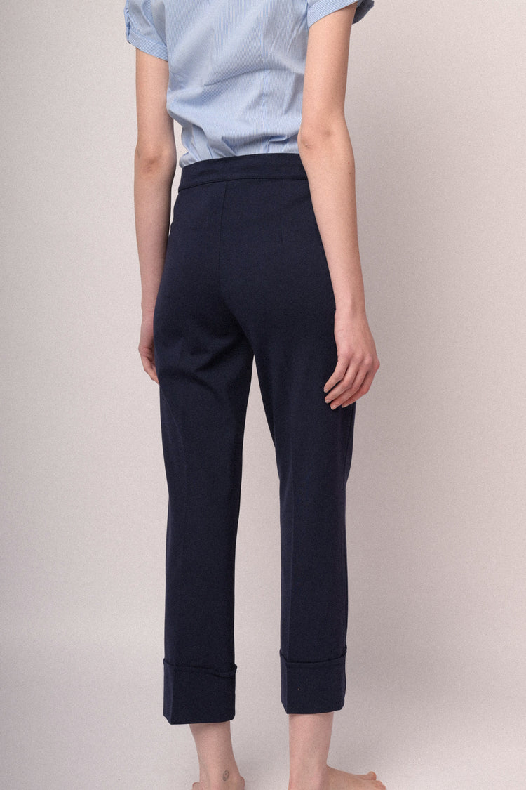 Pantaloni a gamba dritta con risvolto misto viscosa blu