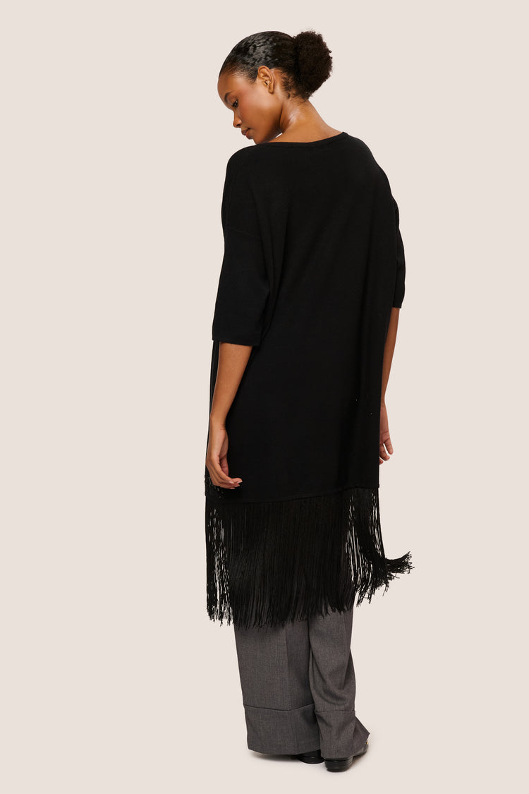 Cardigan lungo con strass e frange