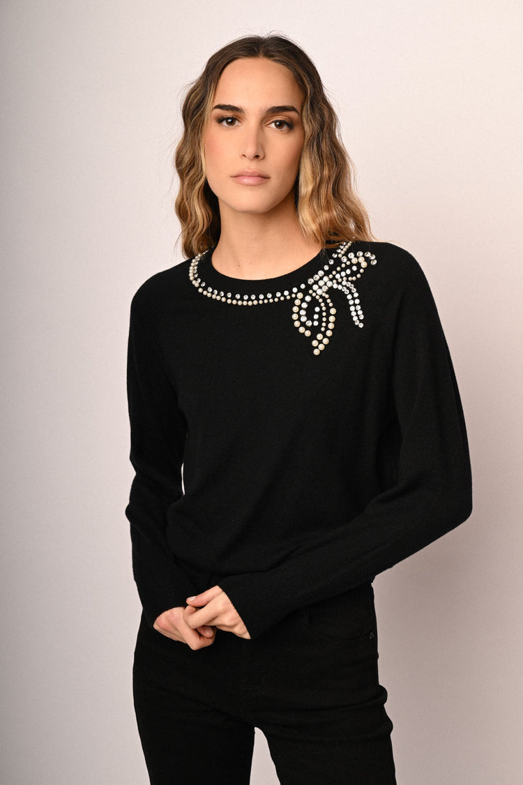 Pull con fiocco in strass e perline