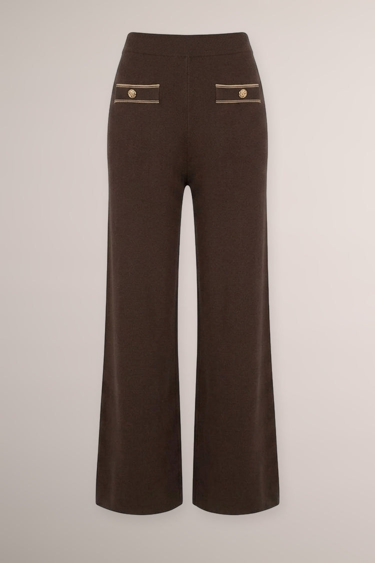 Pantaloni in maglia cioccolato con profili lurex