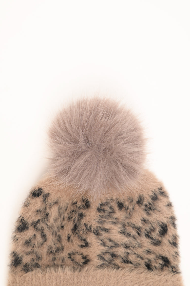 Cappello animalier con pon pon beige-nero