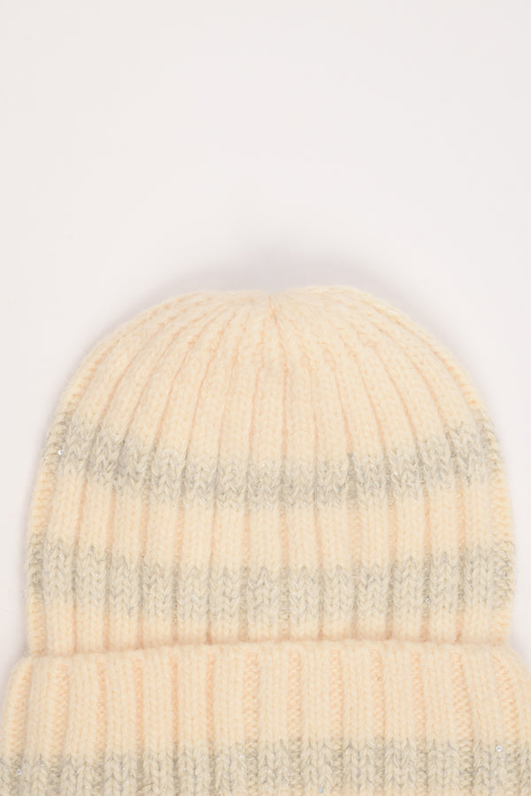 Cappello a coste con righe avorio-grigio