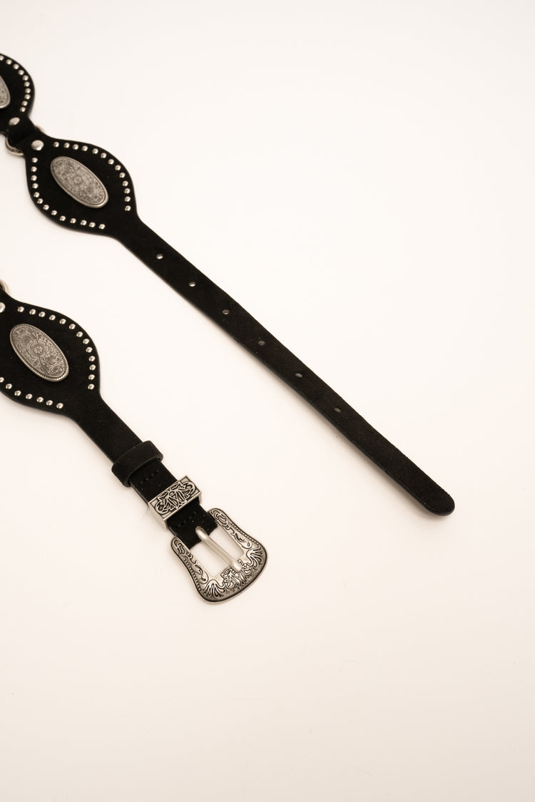 Cintura country-style nera con hardware argento