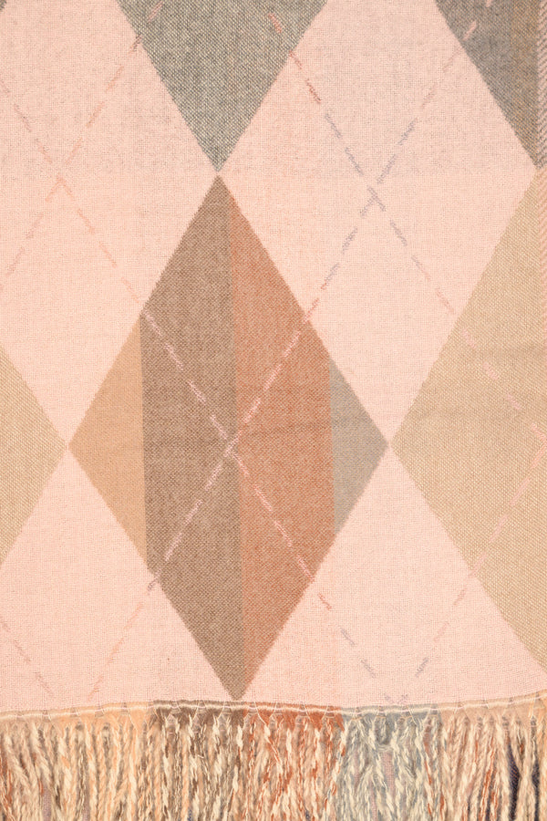 Sciarpa a rombi con frange rosa-beige-grigia