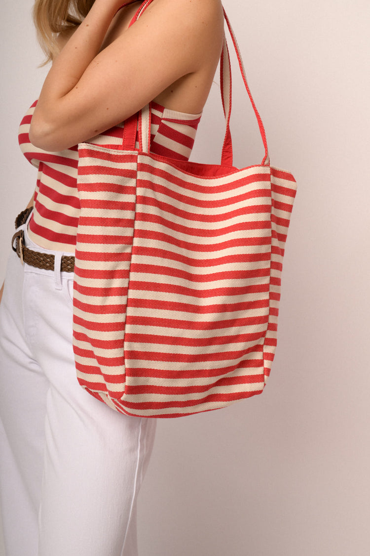 Borsa tote grande a righe rosse & beige