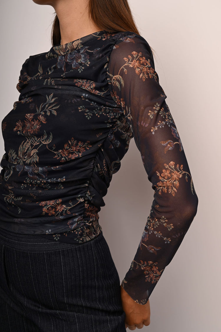 Top in tulle drappeggiato a stampa floreale