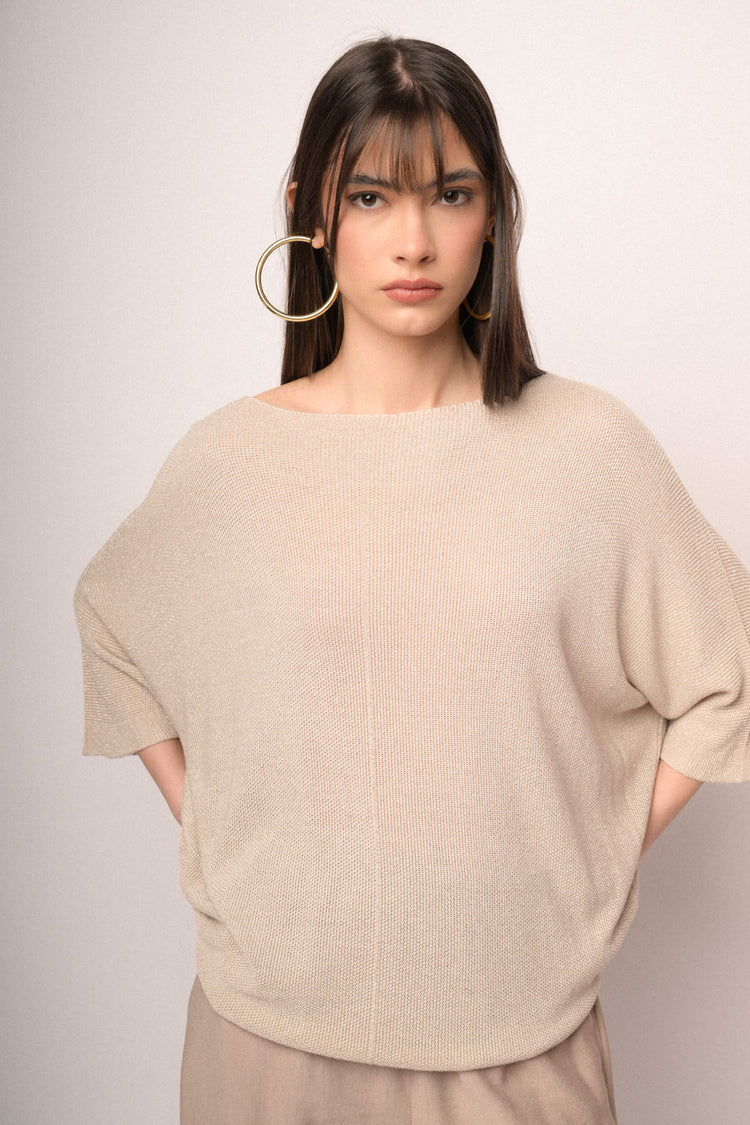 Pullover oversize in maglia lurex beige