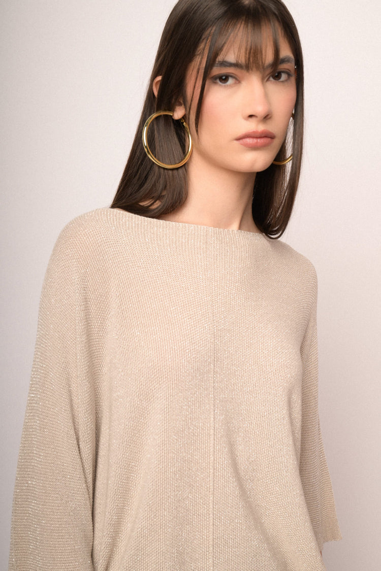 Pullover oversize in maglia lurex beige