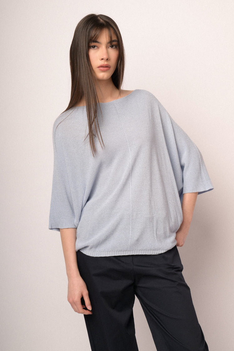 Pullover oversize in maglia lurex celeste