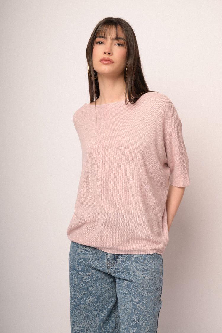 Pullover oversize in maglia lurex rosa