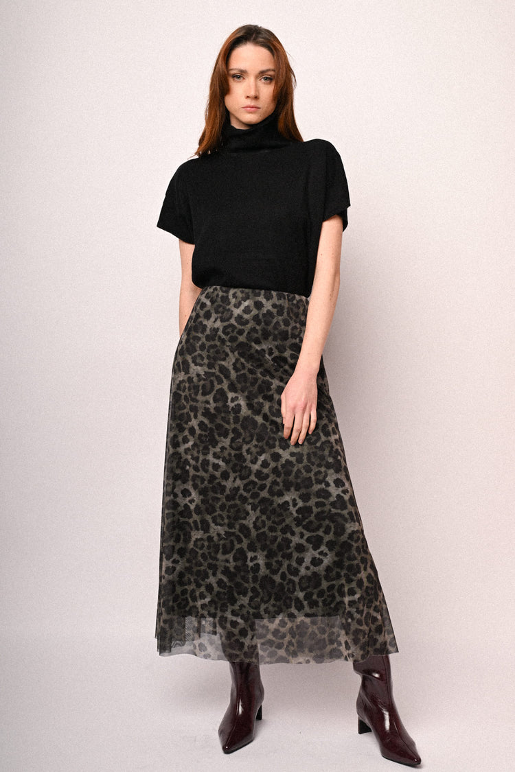 Gonna midi in tulle a stampa animalier