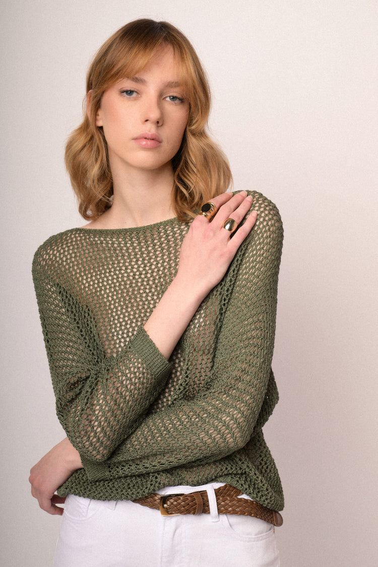 Pullover boxy-fit in maglia traforata verde oliva