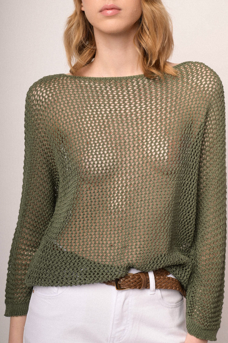 Pullover boxy-fit in maglia traforata verde oliva