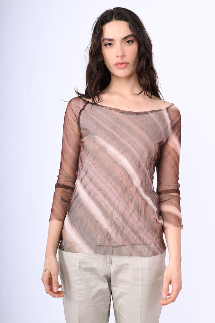 Top in tulle a stampa righe diagonali
