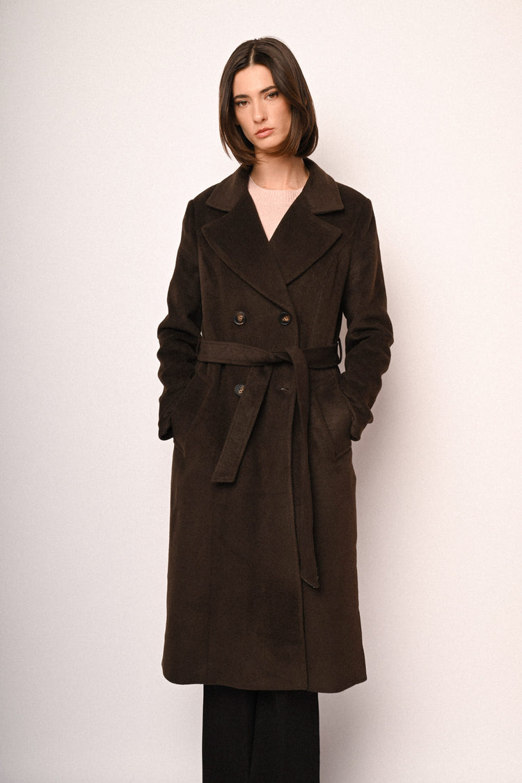 Cappotto lungo doppiopetto con cintura