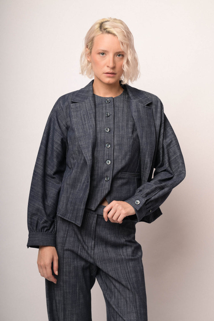 Blazer effetto denim blu con maniche a palloncino