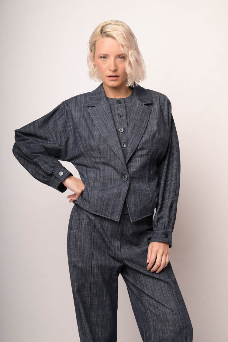 Blazer effetto denim blu con maniche a palloncino