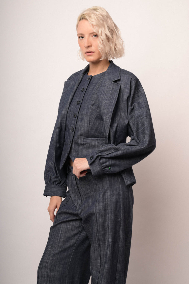 Blazer effetto denim blu con maniche a palloncino