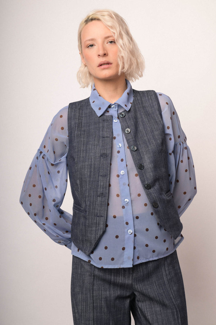 Gilet effetto denim blu con scollo tondo