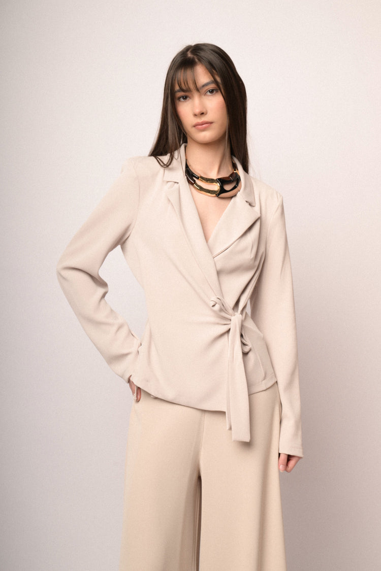 Blazer a portafoglio con cintura laterale beige