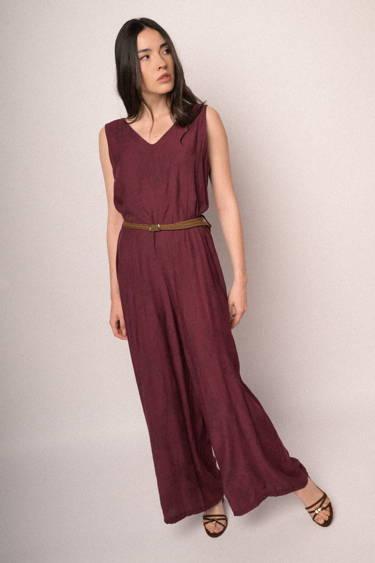 Tuta in jacquard foliage bordeaux con cintura